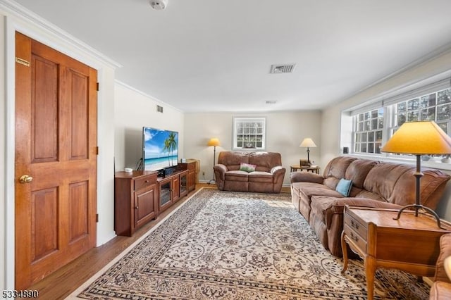 living area featuring wood finished floors, visible vents, and crown molding