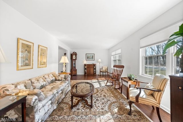 living room featuring baseboards and wood finished floors