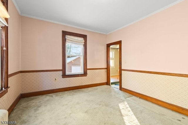 carpeted spare room featuring ornamental molding