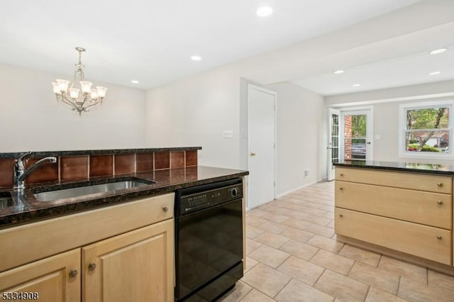 18 Yarmouth Ct, Scotch Plains Twp, NJ 07076 - kitchen with black dishwasher, light brown cabinetry, a sink, dark stone countertops, and recessed lighting