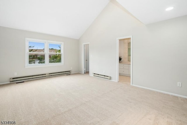 18 Yarmouth Ct, Scotch Plains Twp, NJ 07076 - unfurnished bedroom featuring a baseboard radiator, light colored carpet, baseboards, and high vaulted ceiling