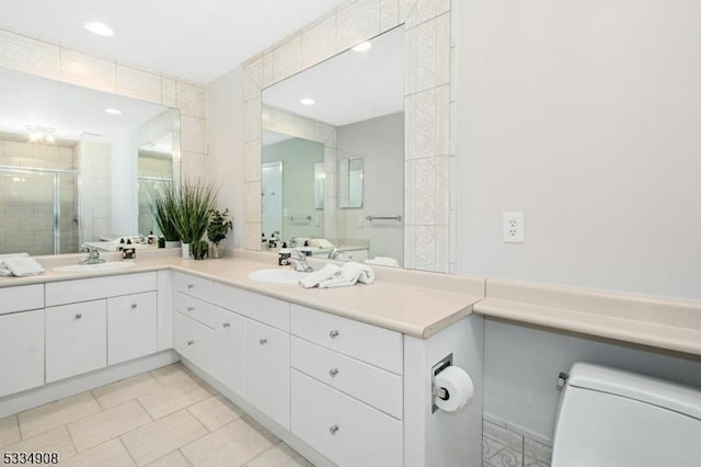 18 Yarmouth Ct, Scotch Plains Twp, NJ 07076 - bathroom with double vanity, a stall shower, recessed lighting, and tile patterned flooring