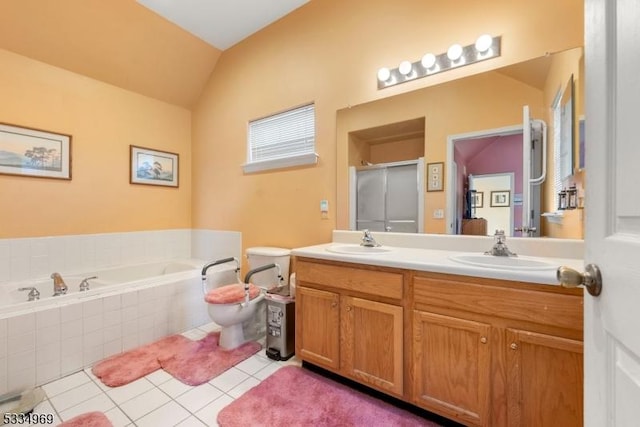 full bathroom featuring vanity, plus walk in shower, vaulted ceiling, tile patterned floors, and toilet