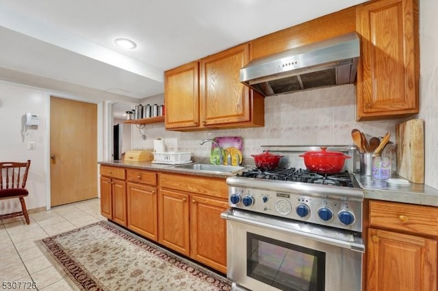 kitchen with light tile patterned flooring, sink, ventilation hood, stainless steel stove, and decorative backsplash