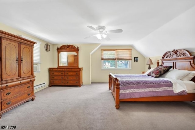 bedroom featuring a baseboard radiator, lofted ceiling, light carpet, and ceiling fan