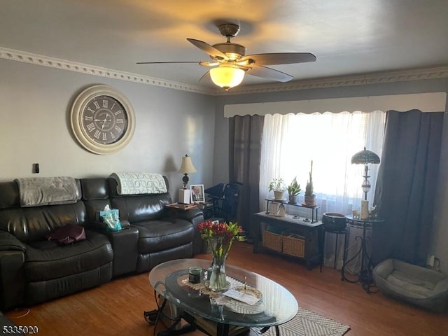 living room featuring hardwood / wood-style flooring and ceiling fan