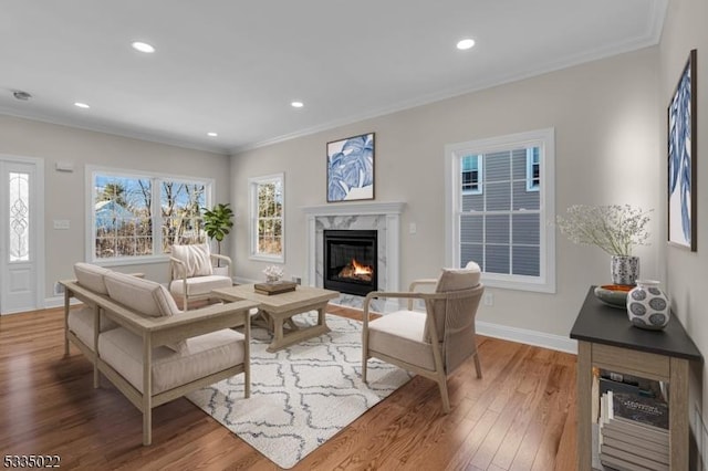 living room with ornamental molding, wood-type flooring, and a premium fireplace