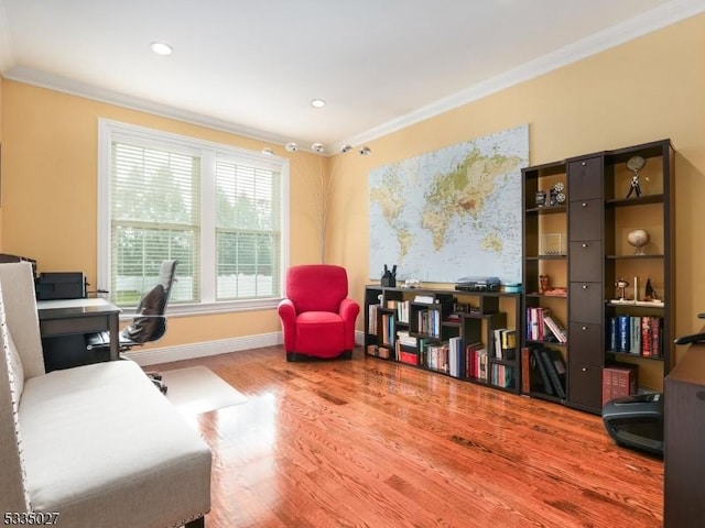 office area with crown molding and wood-type flooring