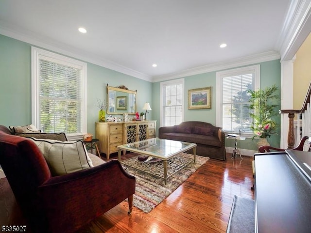 living room featuring dark hardwood / wood-style flooring and crown molding