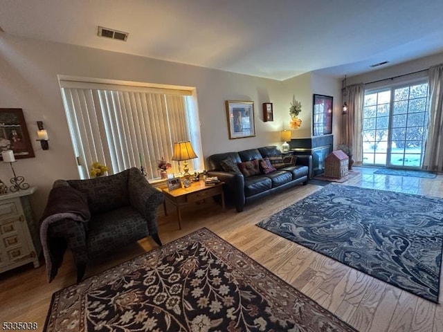 living room with light hardwood / wood-style flooring