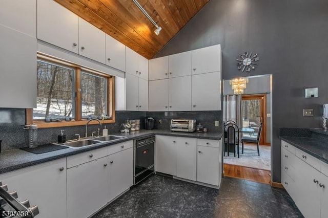 kitchen with black dishwasher, white cabinets, dark countertops, wood ceiling, and a sink