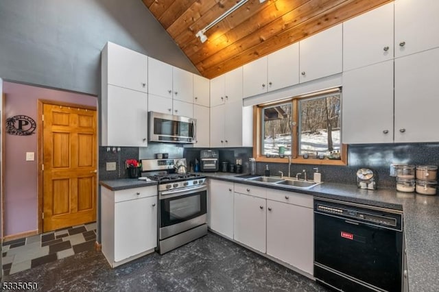 kitchen featuring wooden ceiling, a sink, white cabinets, appliances with stainless steel finishes, and dark countertops