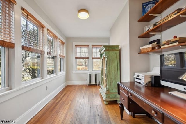 office space with baseboards, wood-type flooring, and radiator