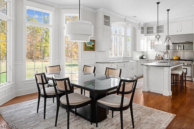 dining room featuring crown molding, dark hardwood / wood-style floors, and sink