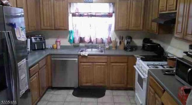 kitchen featuring appliances with stainless steel finishes, range hood, and sink