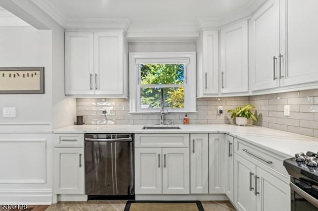 kitchen featuring white cabinetry, ornamental molding, dishwasher, and tasteful backsplash