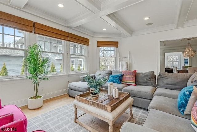 sunroom / solarium with beam ceiling and coffered ceiling