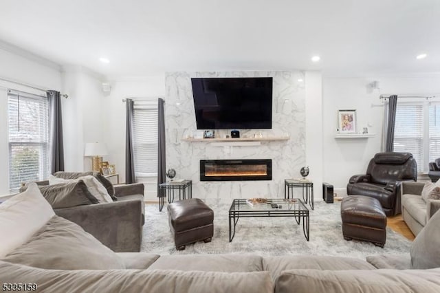 living room with crown molding and a premium fireplace