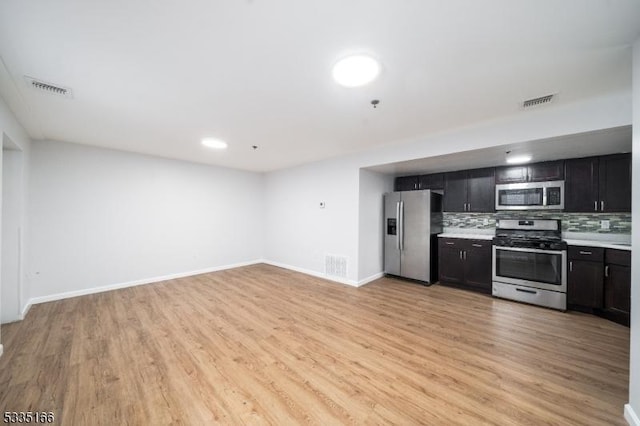 kitchen featuring tasteful backsplash, appliances with stainless steel finishes, and light hardwood / wood-style floors