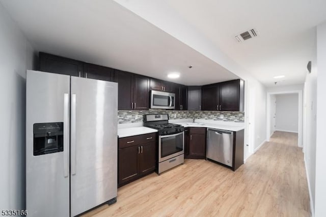 kitchen featuring sink, backsplash, stainless steel appliances, dark brown cabinetry, and light hardwood / wood-style floors