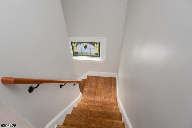 stairway with hardwood / wood-style flooring