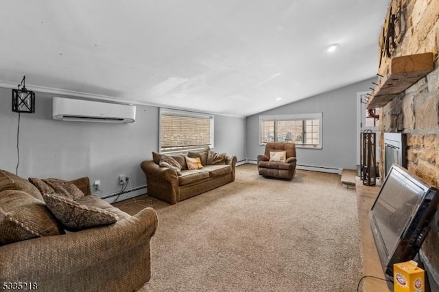 living room featuring light carpet, a baseboard heating unit, a fireplace, and a wall unit AC