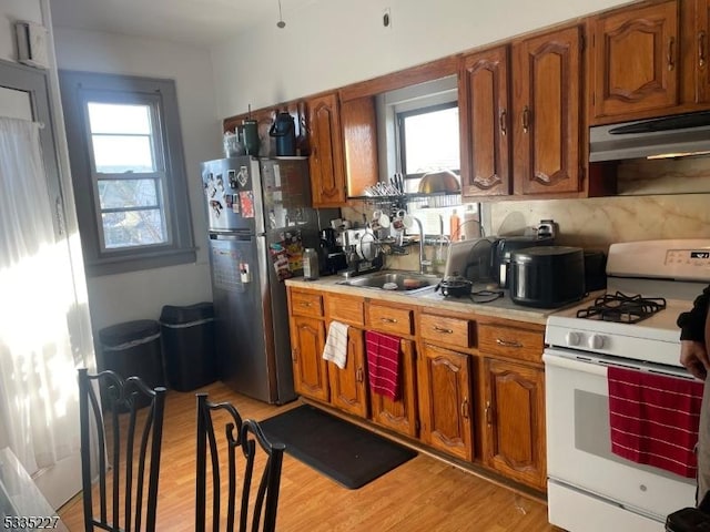 kitchen featuring sink, a wealth of natural light, light hardwood / wood-style floors, and gas range gas stove