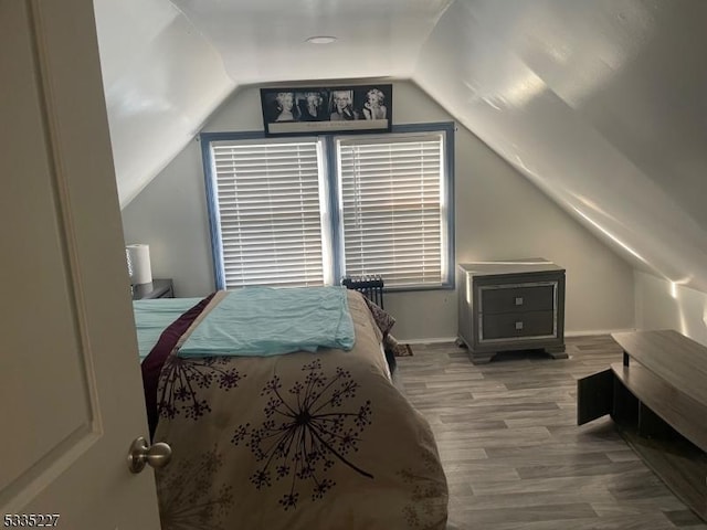 bedroom with hardwood / wood-style flooring and vaulted ceiling