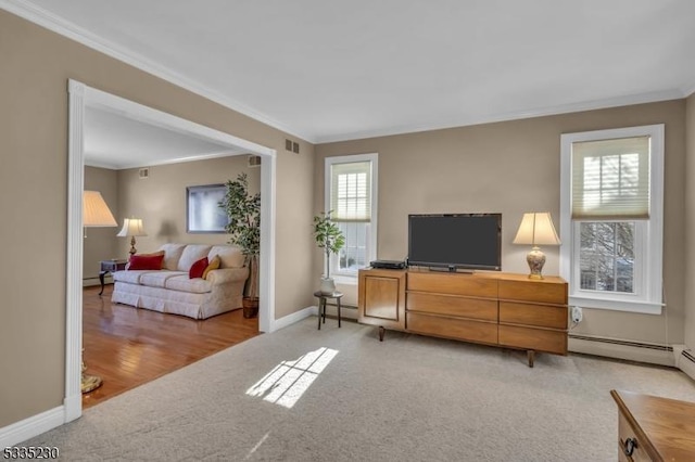 carpeted living room with crown molding and a baseboard radiator