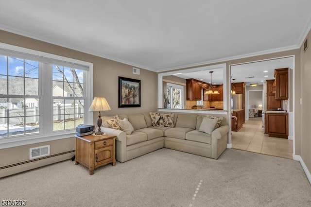 living room with a baseboard radiator, ornamental molding, and light carpet