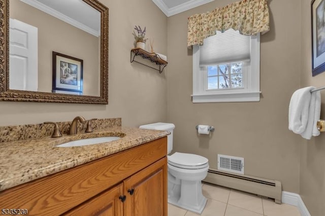 bathroom featuring crown molding, tile patterned flooring, a baseboard heating unit, vanity, and toilet