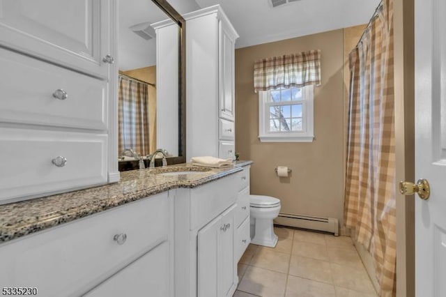 bathroom with a baseboard radiator, vanity, toilet, tile patterned floors, and a shower with shower curtain