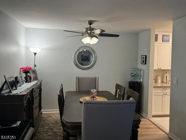 dining space featuring ceiling fan and light hardwood / wood-style flooring