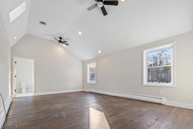 unfurnished living room with dark wood-type flooring, a baseboard radiator, ceiling fan, and vaulted ceiling