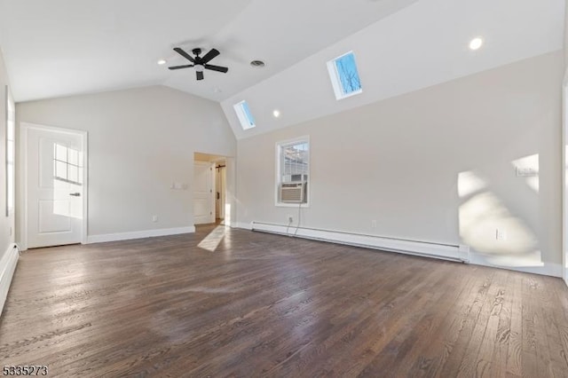 unfurnished living room featuring lofted ceiling with skylight, baseboard heating, dark hardwood / wood-style floors, cooling unit, and ceiling fan