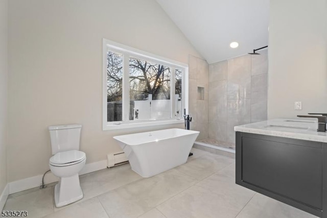 full bathroom with lofted ceiling, toilet, sink, baseboard heating, and independent shower and bath