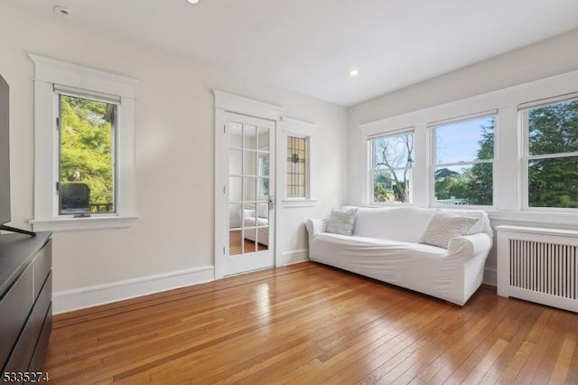 living area featuring radiator, wood-type flooring, and plenty of natural light