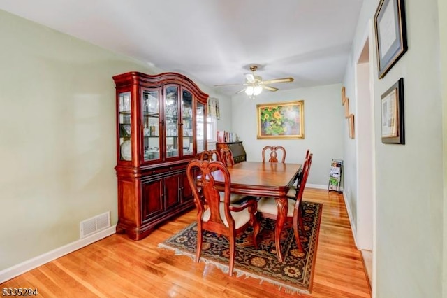 dining room featuring ceiling fan and light wood-type flooring