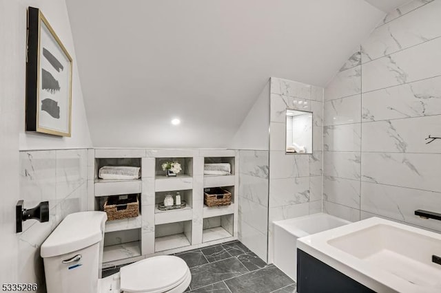 bathroom with lofted ceiling, sink, a washtub, tile walls, and toilet