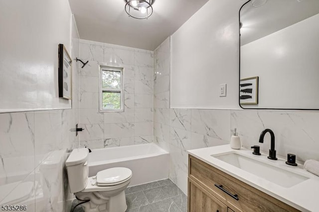 full bathroom with tiled shower / bath combo, vanity, tile walls, and toilet