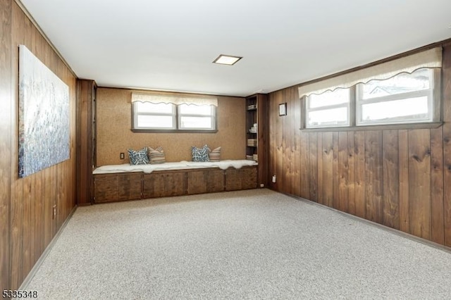 unfurnished room featuring wood walls and light colored carpet