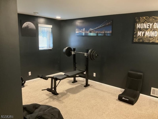 workout room featuring carpet flooring