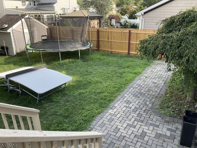 view of yard with a trampoline and a shed