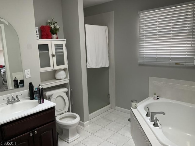 full bathroom with vanity, toilet, separate shower and tub, and tile patterned flooring