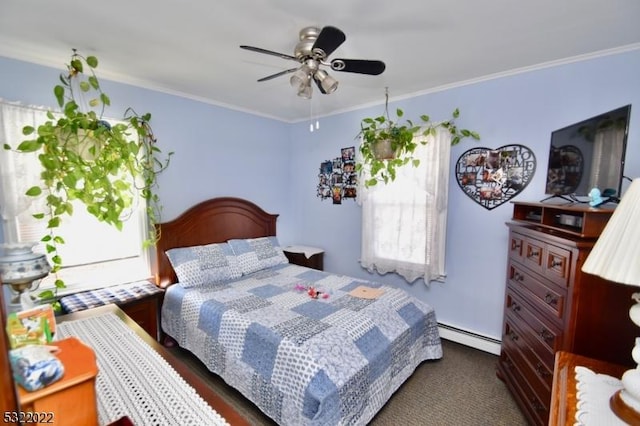 bedroom with crown molding, a baseboard heating unit, ceiling fan, and dark carpet