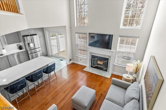 living room with hardwood / wood-style floors, a premium fireplace, and a high ceiling