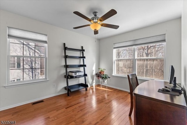 office featuring hardwood / wood-style floors and ceiling fan