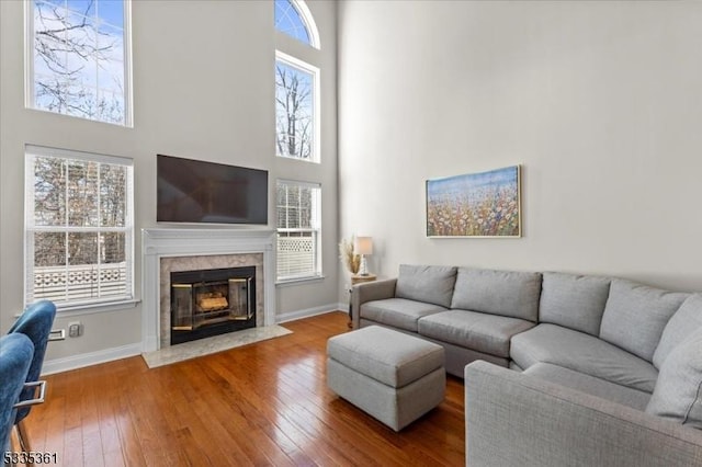 living room with wood-type flooring, a premium fireplace, and plenty of natural light