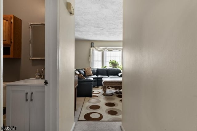 corridor with sink and a textured ceiling