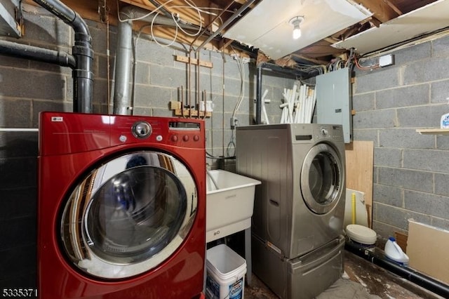 laundry area with electric panel and washer and clothes dryer